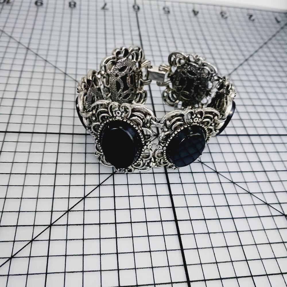 Bracelet VTG Panel Link Emmons Black Cabochon Silver Tone Filigree Statement 60s